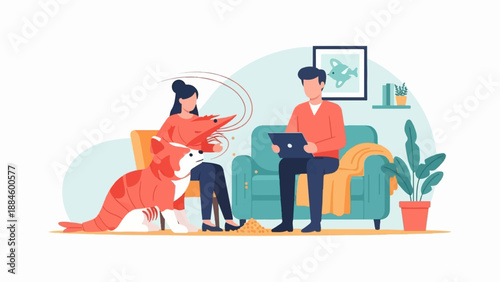 People and pet in living room with food on floor