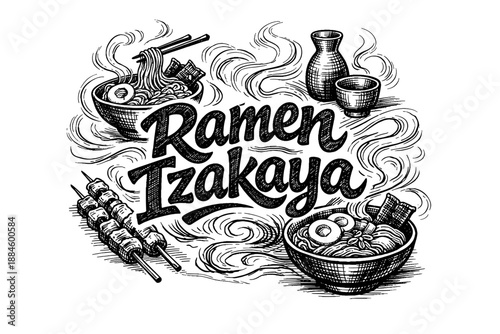 Hand-drawn illustration of a ramen izakaya with steaming bowls and skewers