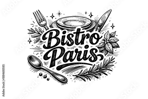 Charming hand-drawn "Bistro Paris" lettering with cutlery and herbs, perfect for restaurants