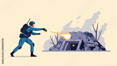 Soldier throws grenade at fortified position in a conflict