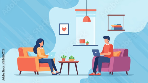 Two people sitting in armchairs, each working on a laptop, in a modern room