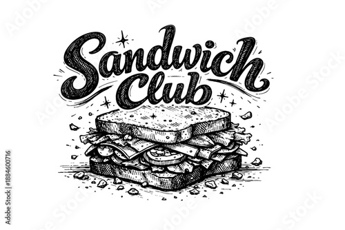 Hand-drawn sandwich club logo with a delicious stacked sandwich illustration