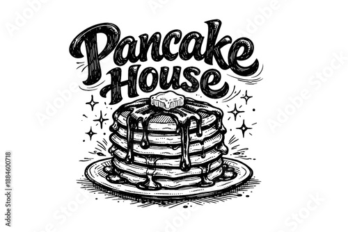 Delicious stack of pancakes with butter and syrup in a hand-drawn style