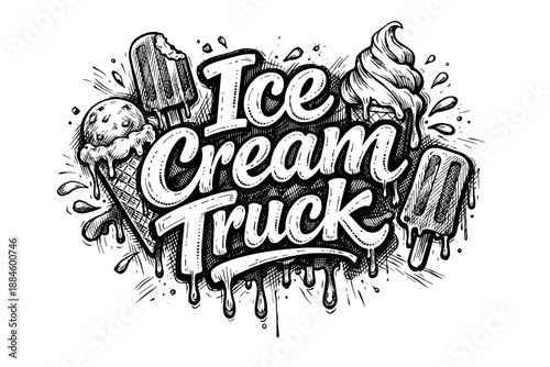Retro hand-drawn ice cream truck logo with dripping cones and popsicles