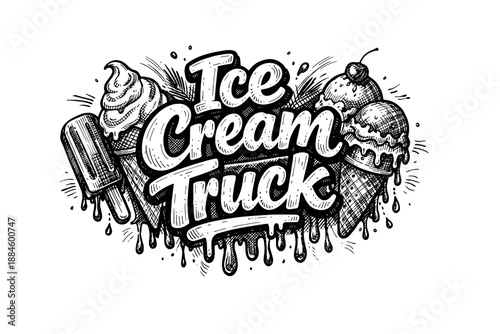 Retro Ice Cream Truck Hand Drawn Logo with Melting Cones and Popsicle