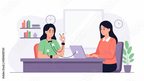 Two women in an office, one attached to a device, looking stressed