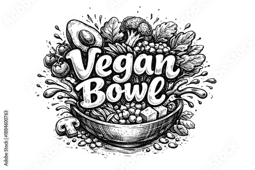 Hand-drawn illustration of a vibrant vegan bowl bursting with fresh ingredients and healthy food