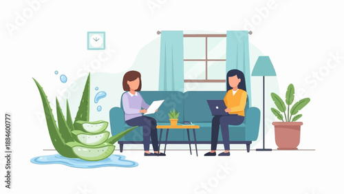 Two women relaxing indoors, with aloe vera and houseplants