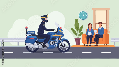 Police officer on motorcycle watches couple on couch near plant