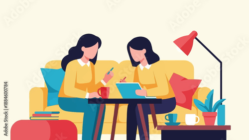 Two women collaborate while sitting on a couch and working on a tablet