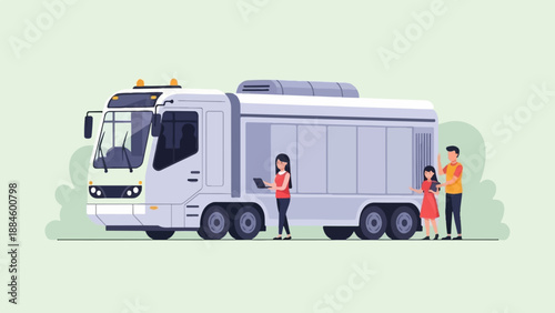 People interact with a large truck on a light green background