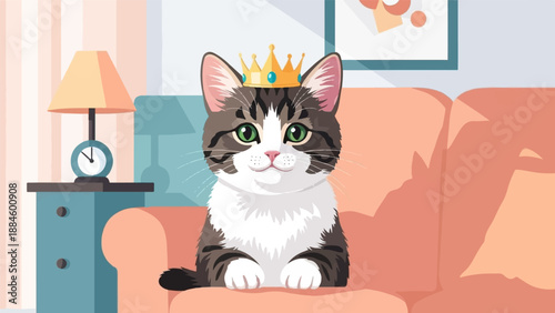 Regal tabby cat wearing a golden crown sits on a peach couch