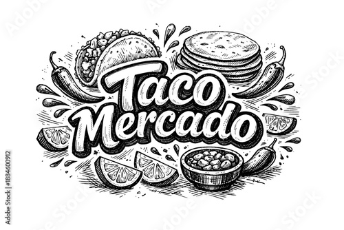 Taco Mercado hand-drawn lettering with Mexican food elements