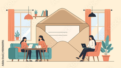 Three women working remotely on laptops in a cozy home office environment