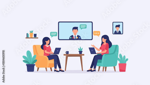 Two women in comfortable chairs use laptops for a video conference meeting