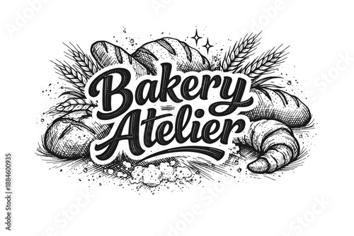 Artistic Bakery Atelier logo with hand-drawn bread and croissant illustration