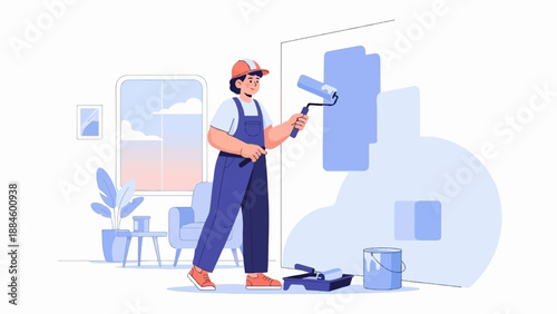 Person painting wall with roller in room with window and furniture