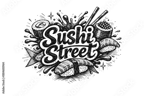 Hand-drawn "Sushi Street" logo with various sushi and splashes in black and white