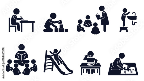 Preschooler activities icon set. Stick figure black silhouettes of drawing, blocks, circle time, story, slide, snack, puzzle. Flat vector pictograms.