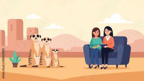 Two women chat on a couch next to meerkats in a desert landscape