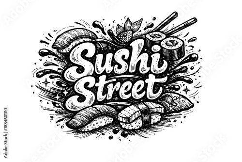 Sushi Street hand-drawn lettering with nigiri and maki rolls in black and white