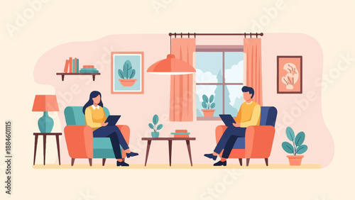 Two people sit in armchairs, using tablets in a cozy room