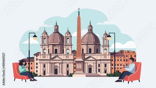 Two people relax in chairs before an ancient building and obelisk