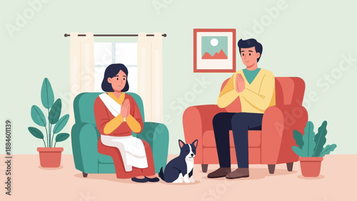Two people and a dog seated on couches in a room