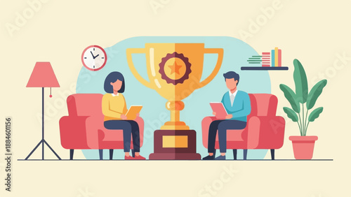 Two individuals sit in armchairs, reading, with a large trophy between them