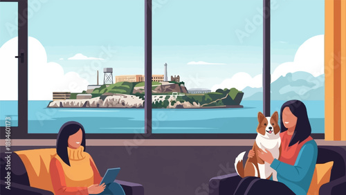 Two people and a dog inside a room, looking out at an island prison
