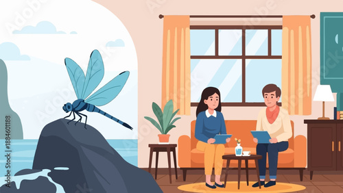 Two people talk on a sofa in a living room, with a dragonfly nearby