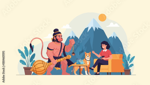 Mythical monkey-like deity and woman with dog amidst mountains