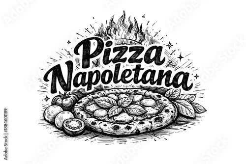 Authentic Neapolitan Pizza with Fresh Ingredients and Fiery Flames Illustration