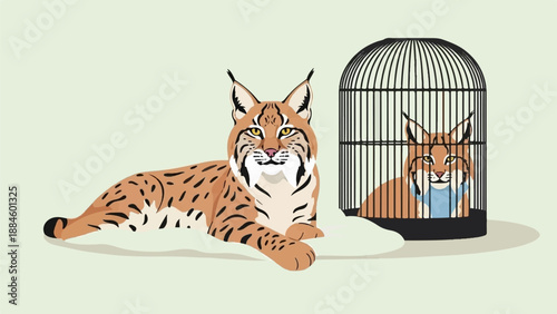 Two bobcats, one free and one caged, appear on a pale green background