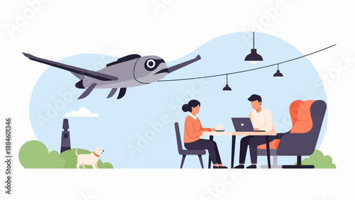 Whimsical scene of a fish-shaped aircraft flying over a cafe with people and a dog