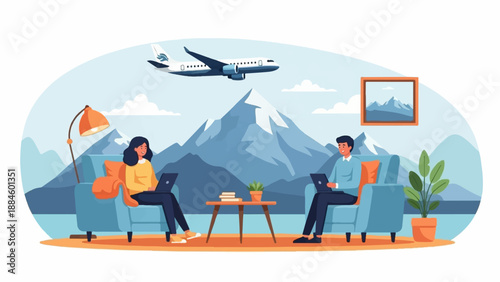 Two people work on laptops in a cozy room with a mountain view and a passing airplane