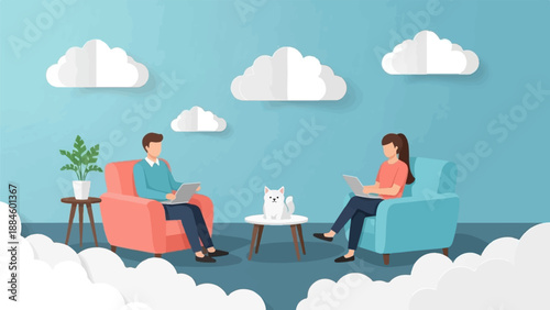 Two people work remotely on laptops with a cat nearby on a cloudy day