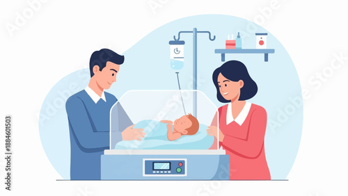 Parents admire newborn in incubator with IV drip and medical supplies