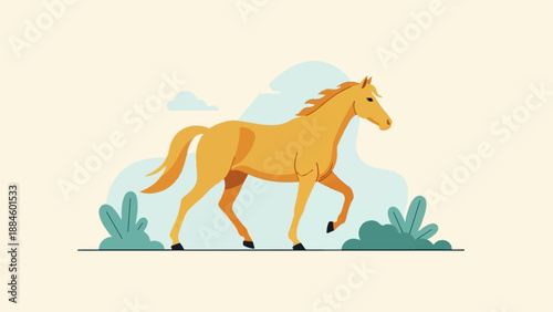 Stylized yellow horse walks in a minimalist, natural setting