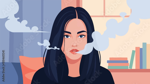 Woman exhales smoke in a room with books and pillows