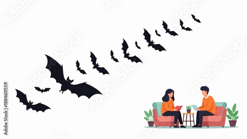 Two people reading on a couch with bats flying overhead