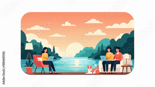 People working on laptops by the water during sunset with dog