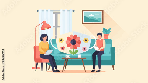 Two people on couch with large floral face mask, living room decor