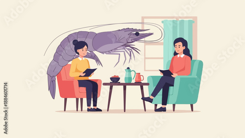 Two women sit in armchairs discussing a giant shrimp