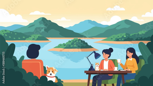 Two women and a dog enjoy a lakeside view with mountains