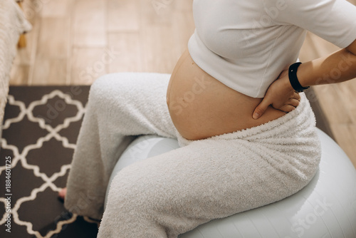 Pregnant Woman Sitting On A Fitness Ball At Home, Supporting Her Lower Back. Concept Of Prenatal Exercise, Pregnancy Comfort, Maternity Wellness, And Healthy Lifestyle. Natural Light, Cozy Interior.