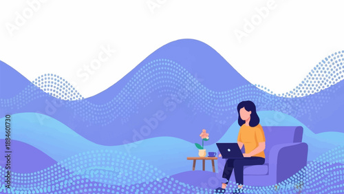 Woman sitting on couch with laptop, surrounded by abstract blue waves