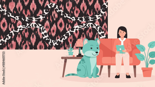 Woman and teal dog sit on sofa with patterned wall art