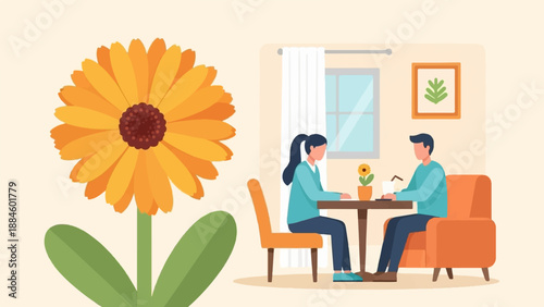 Two people sit at a table with a flower, inside a room