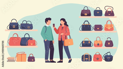 Shoppers browse fashionable handbags displayed on shelves in a store